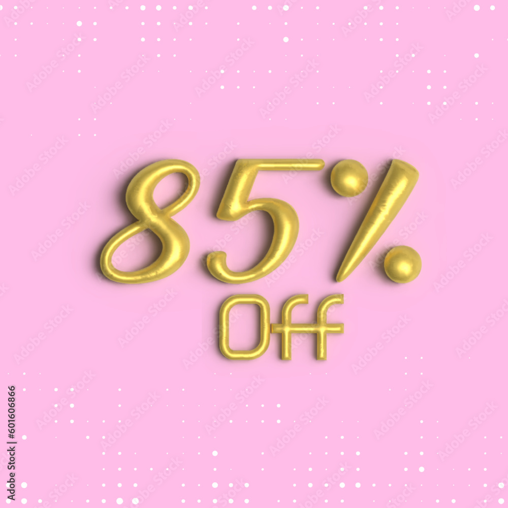 85% off, 3D shiny gold text 85 percent off isolated on pink background, 3D mega sale 85% offer, Sale offer price sign, Special offer symbol. Discount promotion. Discount, Editable vector illustration
