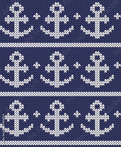 Anchor and stripes seamless pattern with knit texture. Vector illustration.