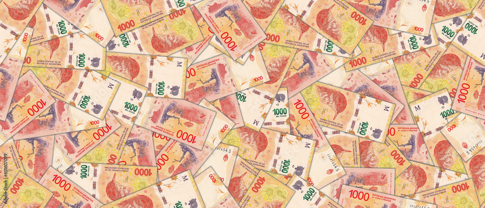 Seamless pattern. Financial illustration. Banknotes of 1000 Argentine pesos. Randomly scattered bills.