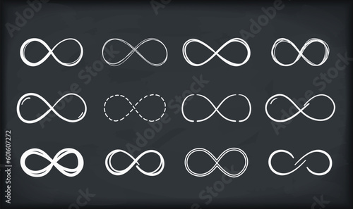 12 Handdrawn infinity symbols on dark background