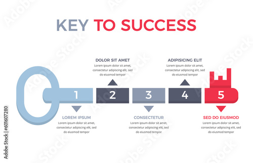 Infographic template with key divided on 5 segments, key to success concept