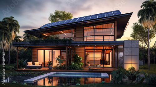 Sustainable home with solar panels on room. Generative AI