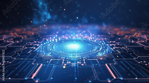 Merging of AI and quantum computing for powerful data processing, background with empty space for text, generative AI