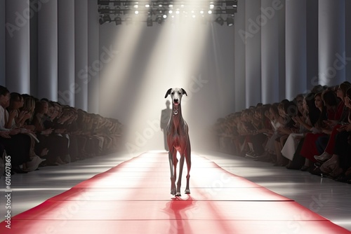 Greyhound dog walking in a catwalk during the fashion week , ai generative