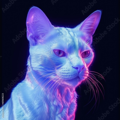 albino cat that looks wears a second skin made of liquid metal shine glass on her face that shines in neon transparent like glue © Andrus Ciprian