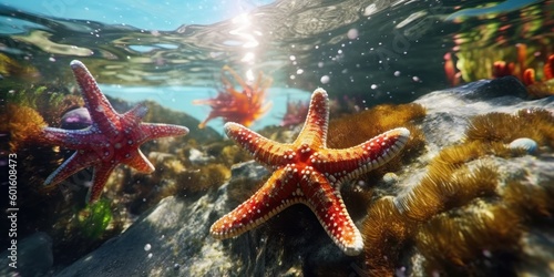 starfish on the rocks in the water of a vibrant thriving coral reef  © Andrus Ciprian