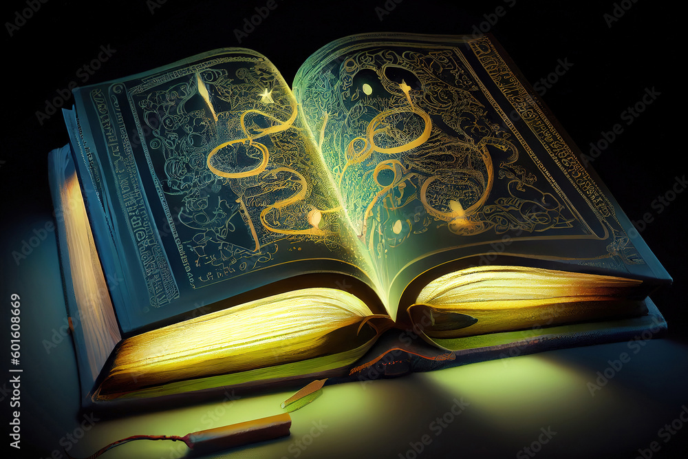 Fototapeta premium Bewitched Book With Magic Glows In The Darkness. Generative Ai
