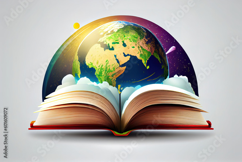 day,23th April, open book over the Planet on isolated white background, Mental Health Day concept, books pile and globe,World literature concept, Knowledge information, earth day concep. Generative Ai