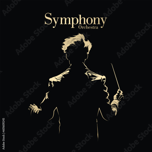 Silhouette of music conductor.  Maestro. Modern symphony orchestra Poster template. Vector Illustration.