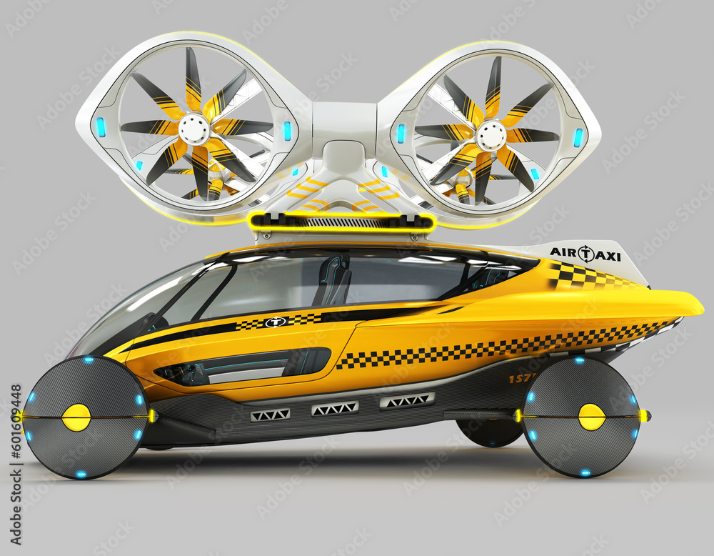 Naklejka premium 3D rendering of an e-taxi self-propelled Quadcopter drone with two passengers.