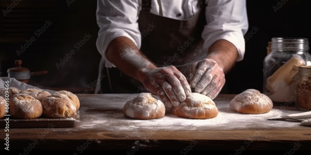 Pastry chef man hands work preparing sweet brioches on table with flour 