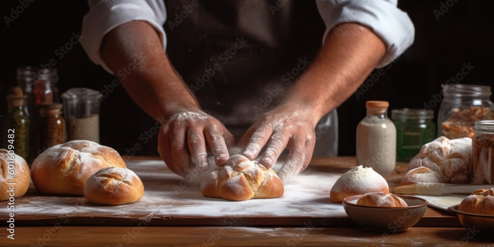 Pastry chef man hands work preparing sweet brioches on table with flour 
