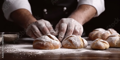 Pastry chef man hands work preparing sweet brioches on table with flour 