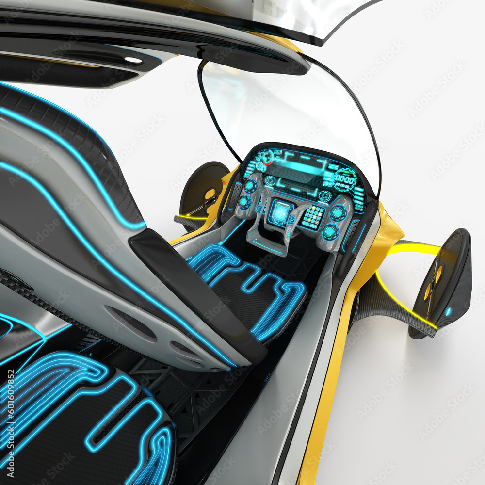 3D illustration of the interior of an autonomous car. Driving assistance system. Flying quadcopter cab for city use.