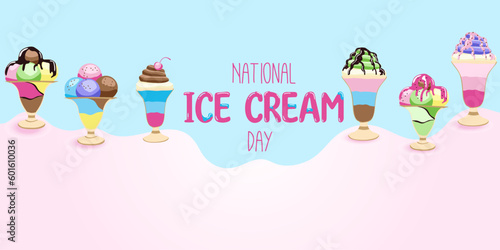 Happy National Ice Cream Day card. A waffle cone with various fruit ice cream scoops. Vector banner in flat cartoon style.