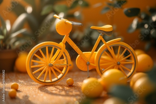 Orange bicycle, fruit-themed wheels, health concept, yellow pastel BG w/ space. Generative AI