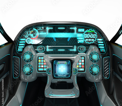 3D illustration of the interior of an autonomous car. Driving assistance system. Flying quadcopter cab for city use. © Oleg
