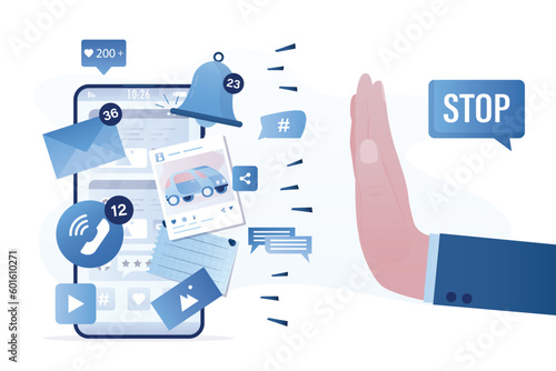 Social network fatigue, overcoming addiction. Big user hand in stop gesture. Stop sharing and using media content. Various apps and notifications on phone screen. Dependence on gadgets.
