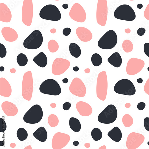 Abstract seamless pattern with black and pink spots. Vector doodle illustration on white background. spots for fabrics, textiles, and ect.