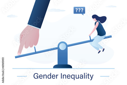 Gender inequality. Businessman hand tilts the swing to his side. Sexual inequality. Sexism, discrimination concept. Woman sitting on an unbalanced seesaw.
