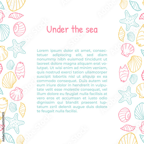 Square banner or poster with hand drawn seashells left and right, sketch vector illustration. banner or leaflet layout for fish restaurant and seafood market.
