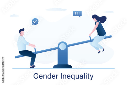 Gender inequality. Sexual inequality. Sexism, discrimination concept. Man and woman sitting on an unbalanced seesaw. Business people swing on the scales. Human rights, fight for equality.