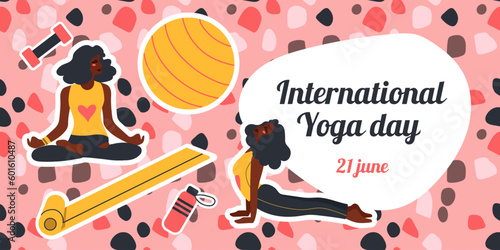 International Yoga Day. African american woman doing yoga exercises. Flat vector illustration