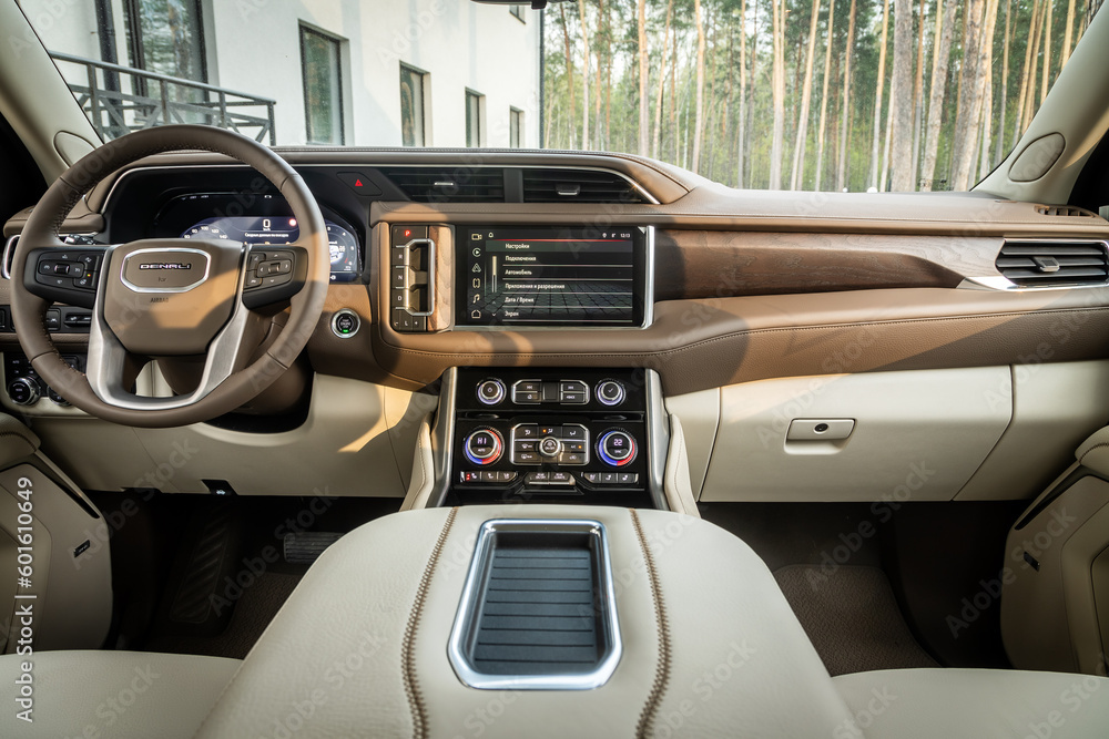 Novosibirsk, Russia April 25, 2023 black GMC Yukon Denali, steering