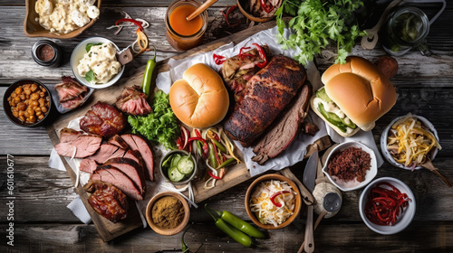 Texas style barbecue meal with fixings, BBQ, flat lay, top view on wooden background, ai illustration 