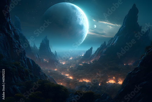 Alien Planet and Landscape with Luminous Spheres, Epic Fantasy Atmosphere Generative AI