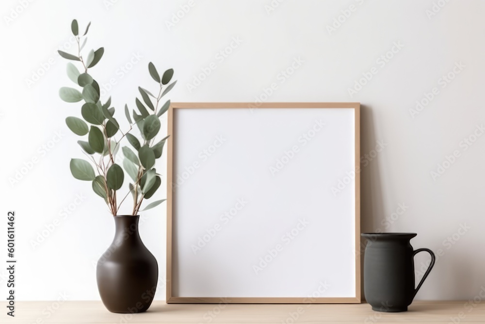 Empty horizontal frame mockup in modern minimalist interior with plant in trendy vase on beige wall background. Template for artwork, painting, photo or poster. Generative AI Empty horizontal frame mockup in modern minimalist interior with plant in trendy vase on beige wall background. Template for artwork, painting, photo or poster. Generative AI