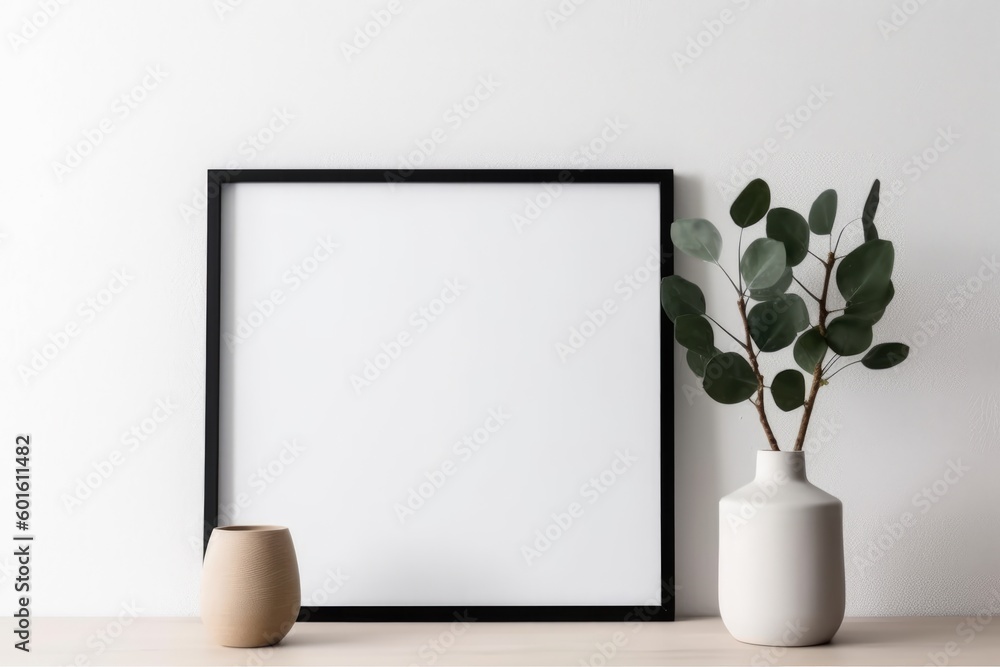 Empty horizontal frame mockup in modern minimalist interior with plant in trendy vase on beige wall background. Template for artwork, painting, photo or poster. Generative AI Empty horizontal frame mockup in modern minimalist interior with plant in trendy vase on beige wall background. Template for artwork, painting, photo or poster. Generative AI