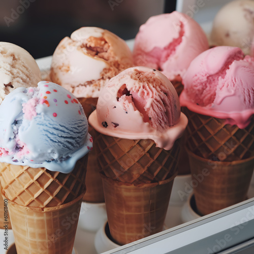 Assorted Fruity Flavored Ice Cream Cones: Colorful, Refreshing Treats Perfect for Hot Days photo