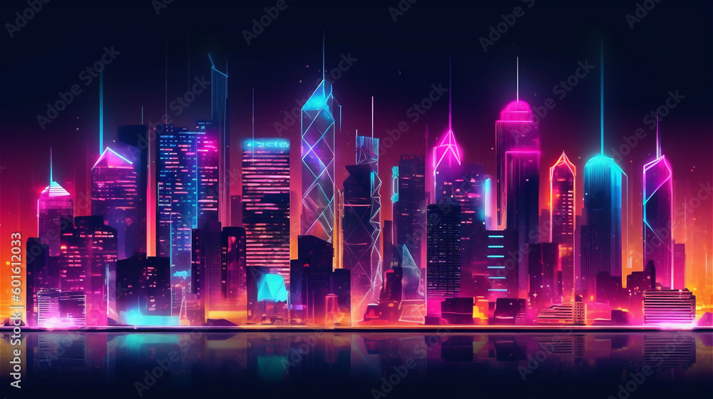Generative AI, Neon Cityscape - A Futuristic Abstract Skyline