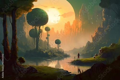 Illustration of  A forested planet with fantasy plants and trees, Generative AI © Creative Division