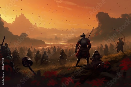 Illustration of A samurai warriors facing off against a swarm of enemy, Generative AI