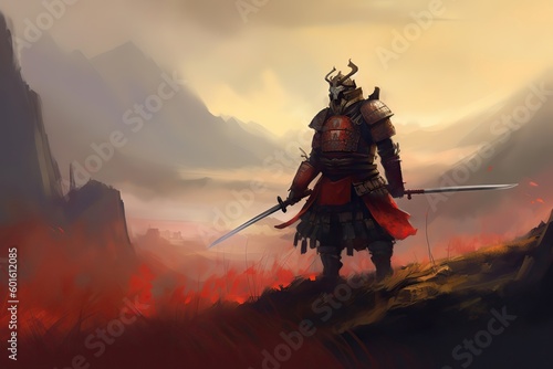 Illustration of A fully armed Samurai standing on the hill, Generative AI