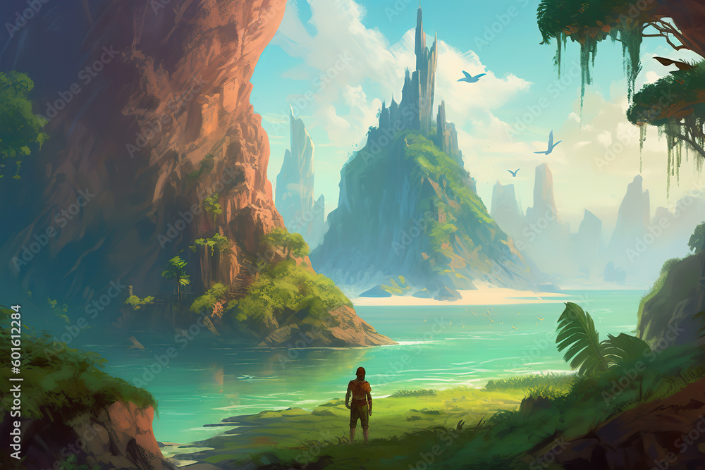 Illustration of A mystical island with a beautiful green atmosphere, Generative AI