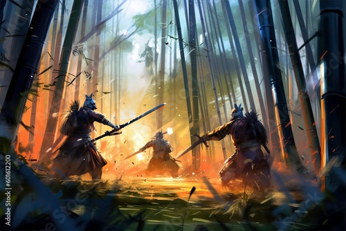 Illustration of  Samurai warriors armed with high - tech weapons battling alien invaders in the middle of a bamboo forest, Generative AI