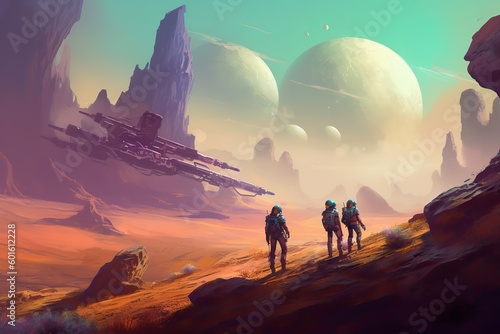 Illustration of A group of space explorers stepping out of their spacecraft onto an alien planet, Generative AI