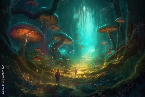 Illustration of A magical forest filled with glowing mushrooms and faeries, Generative AI