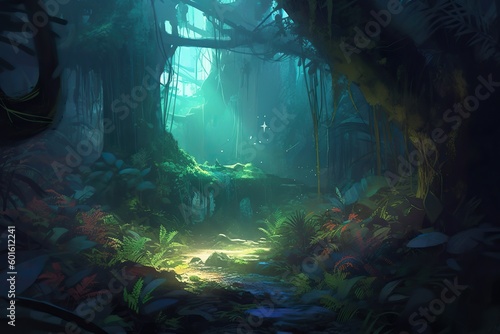 Illustration of A lush alien jungle with bioluminescent plants, Generative AI