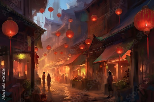 Illustration of A vibrant marketplace in a bustling city, Generative AI