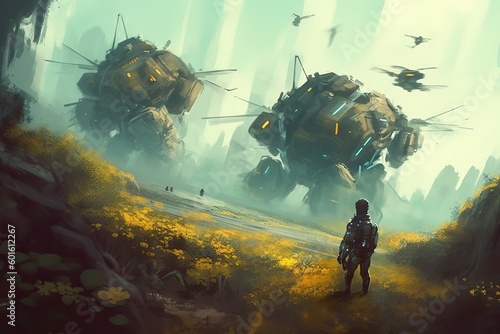 Illustration of A swarm of robots attacked the futuristic park , Generative AI