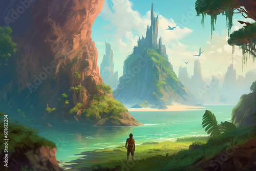 Illustration of A mystical island with a beautiful green atmosphere, Generative AI © Creative Division