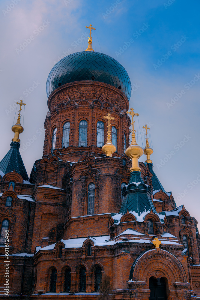 Vertical image of the Saint Sophia Cathedral, located in Sophia Square, Daoli District, Harbin, Heilongjiang Province, China, is a Byzantine style Orthodox church