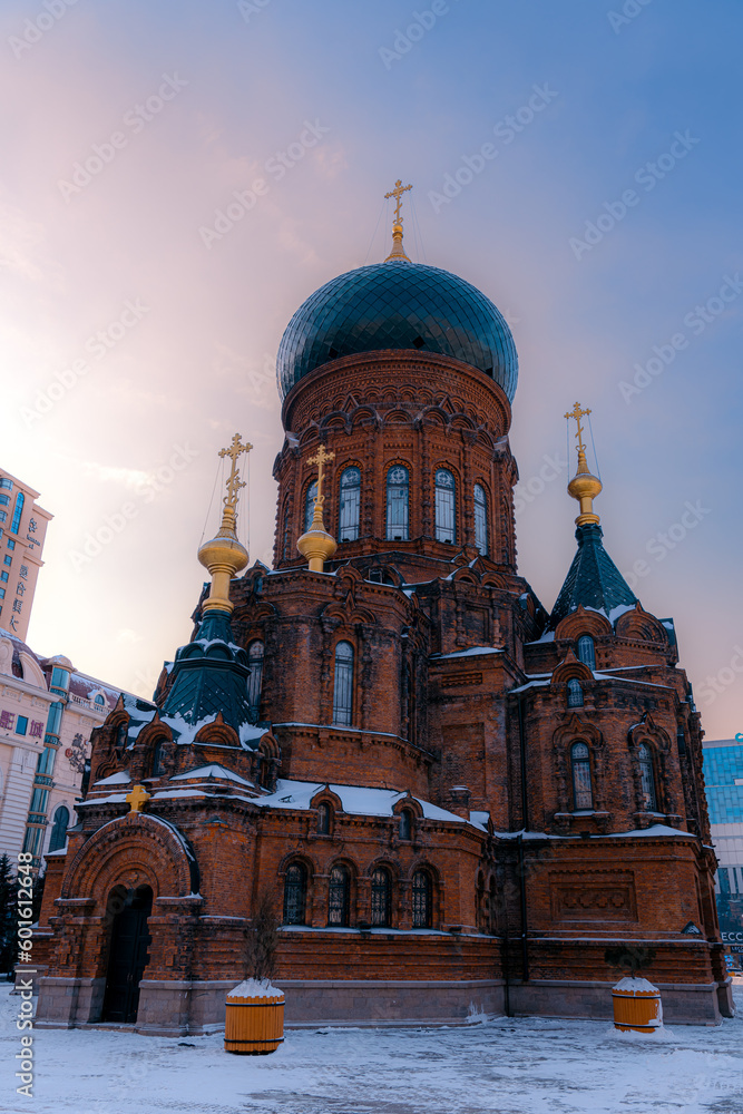 Vertical image of the Saint Sophia Cathedral, located in Sophia Square, Daoli District, Harbin, Heilongjiang Province, China, is a Byzantine style Orthodox church