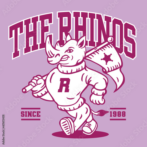 Rhinoceros Mascot Character Design in Sport Vintage Athletic Style Vector Design