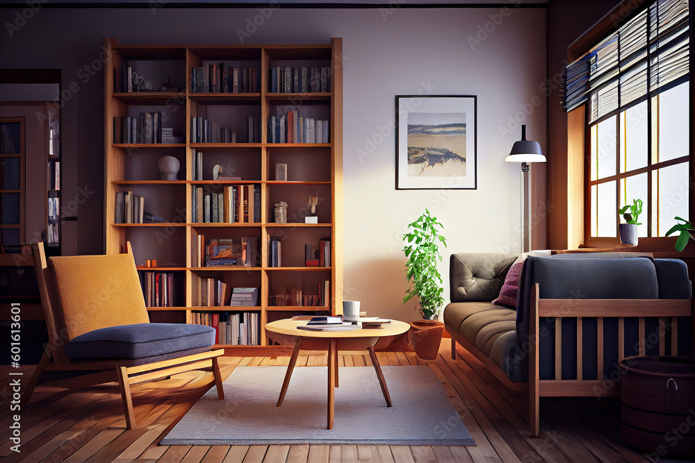 scandinavian bookcase with armchair in modern cozy interior of room. Generative Ai