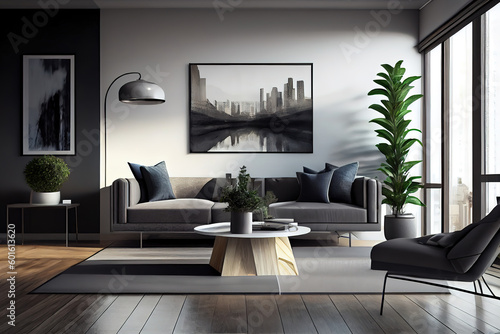 Interior of modern living room panorama 3d rendering. Generative Ai © Mukhlesur